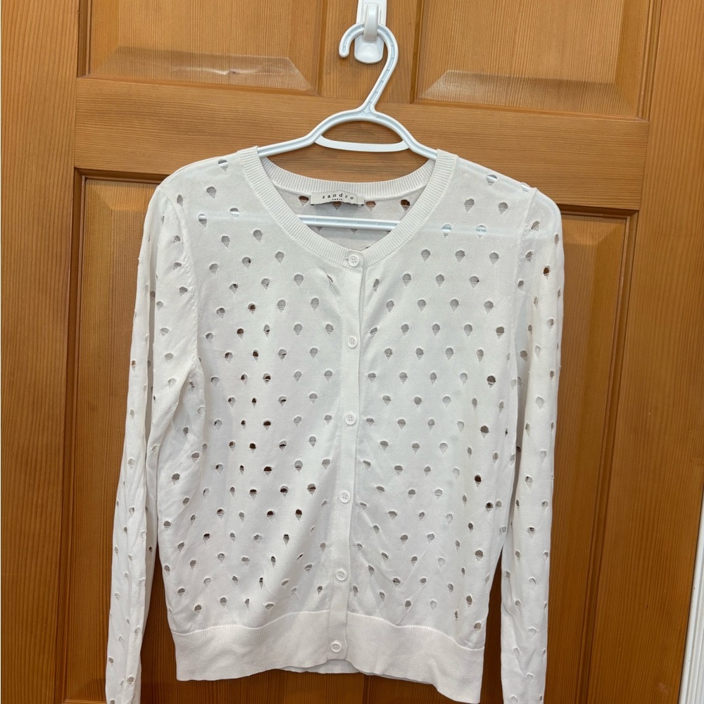 Sandro White Open-Knit Button Cardigan